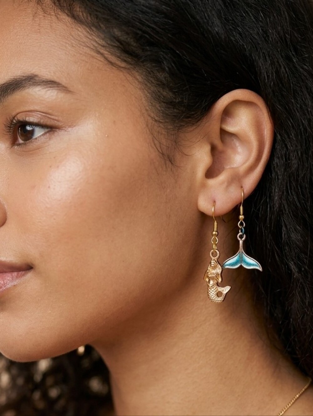 Handcrafted Gold Tone And Enamel Mermaid Themed Set Of Two Earrings